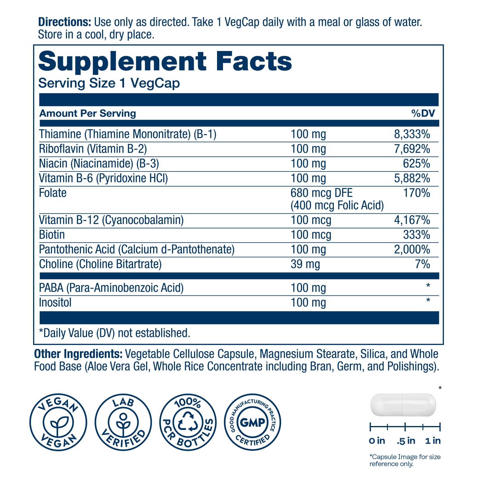 SOLARAY Vitamina B Complejo - etiqueta, muestra ingredientes clave
