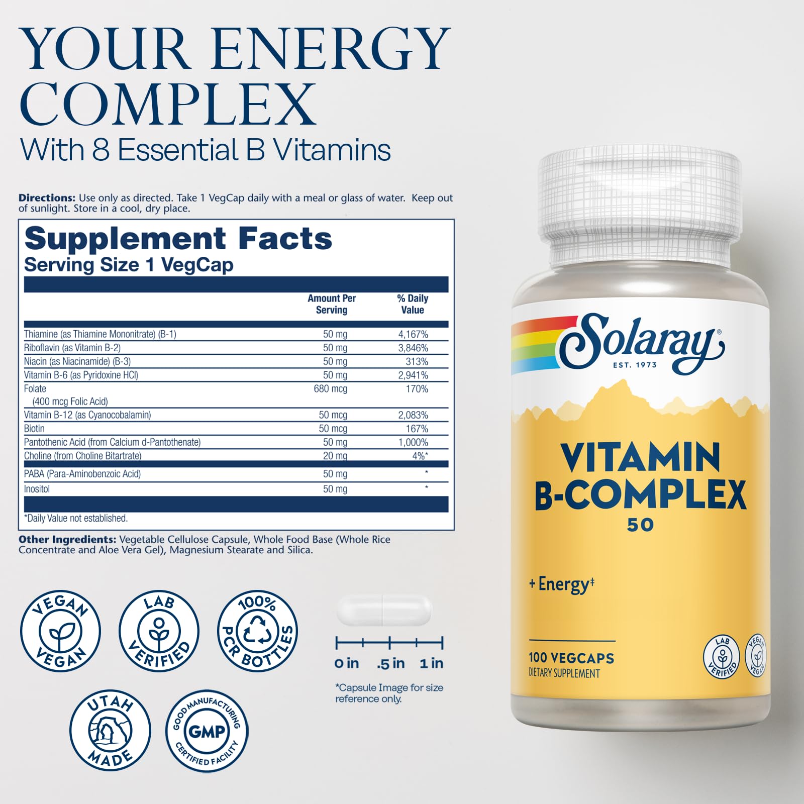 SOLARAY Vitamina B Complex 50 mg cápsulas, fuente de energía estable para el día.