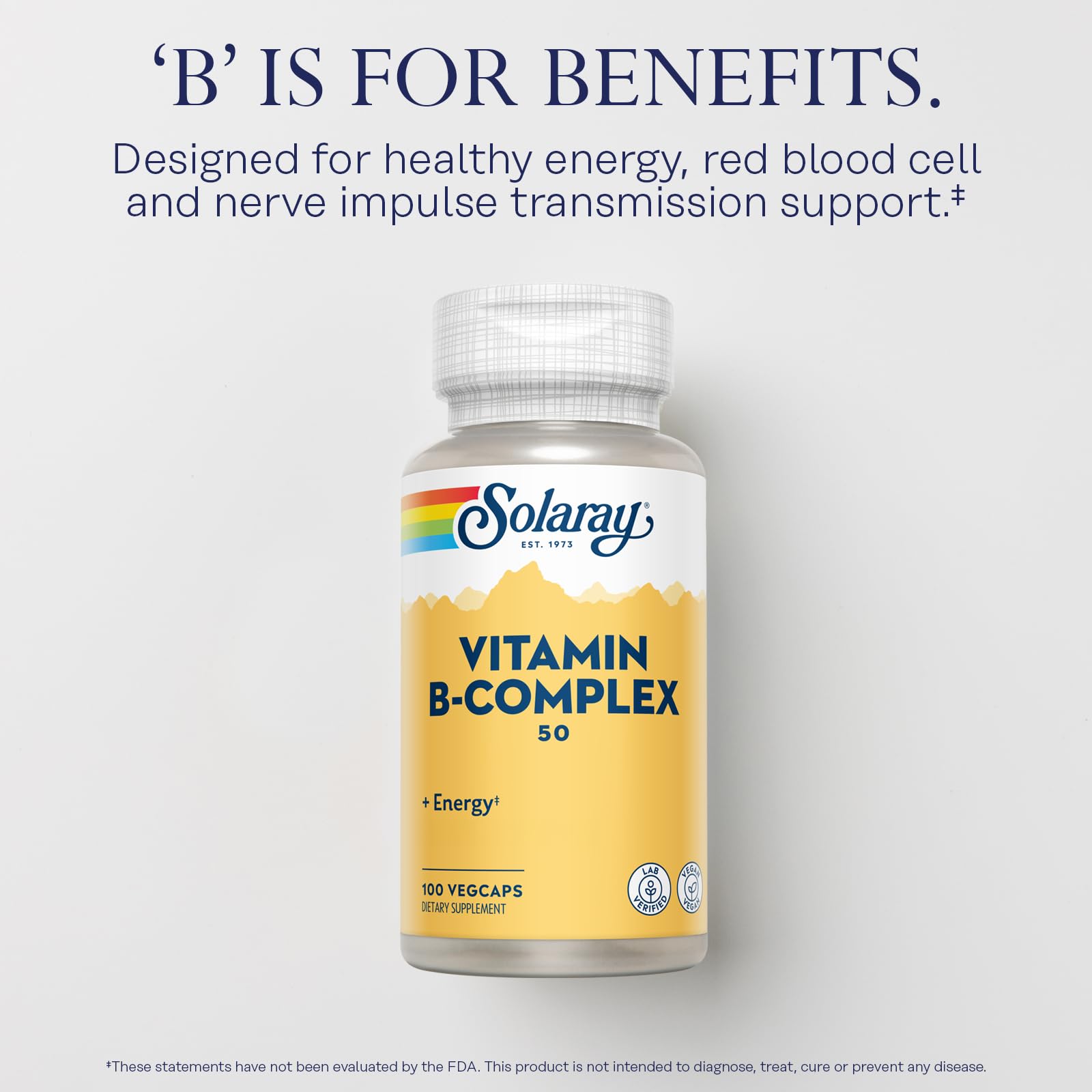 SOLARAY Vitamina B Complex 50 mg etiqueta, información clara y beneficios para el bienestar.