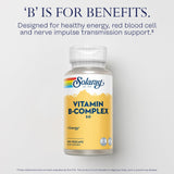 SOLARAY Vitamina B Complex 50 mg etiqueta, información clara y beneficios para el bienestar.