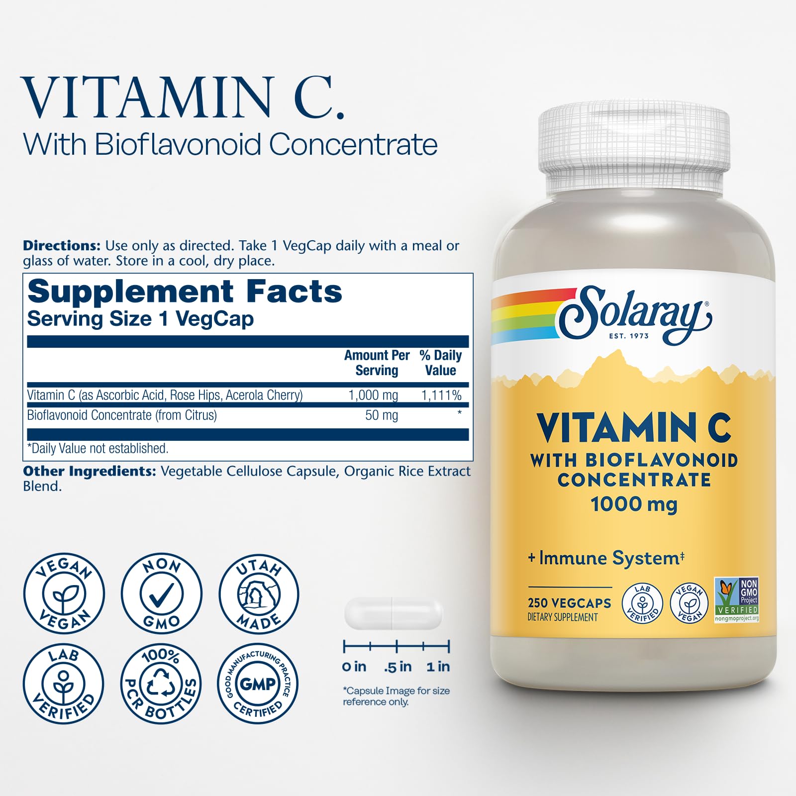 La tapa de SOLARAY Vitamina C 1000mg facilita la dosis diaria.