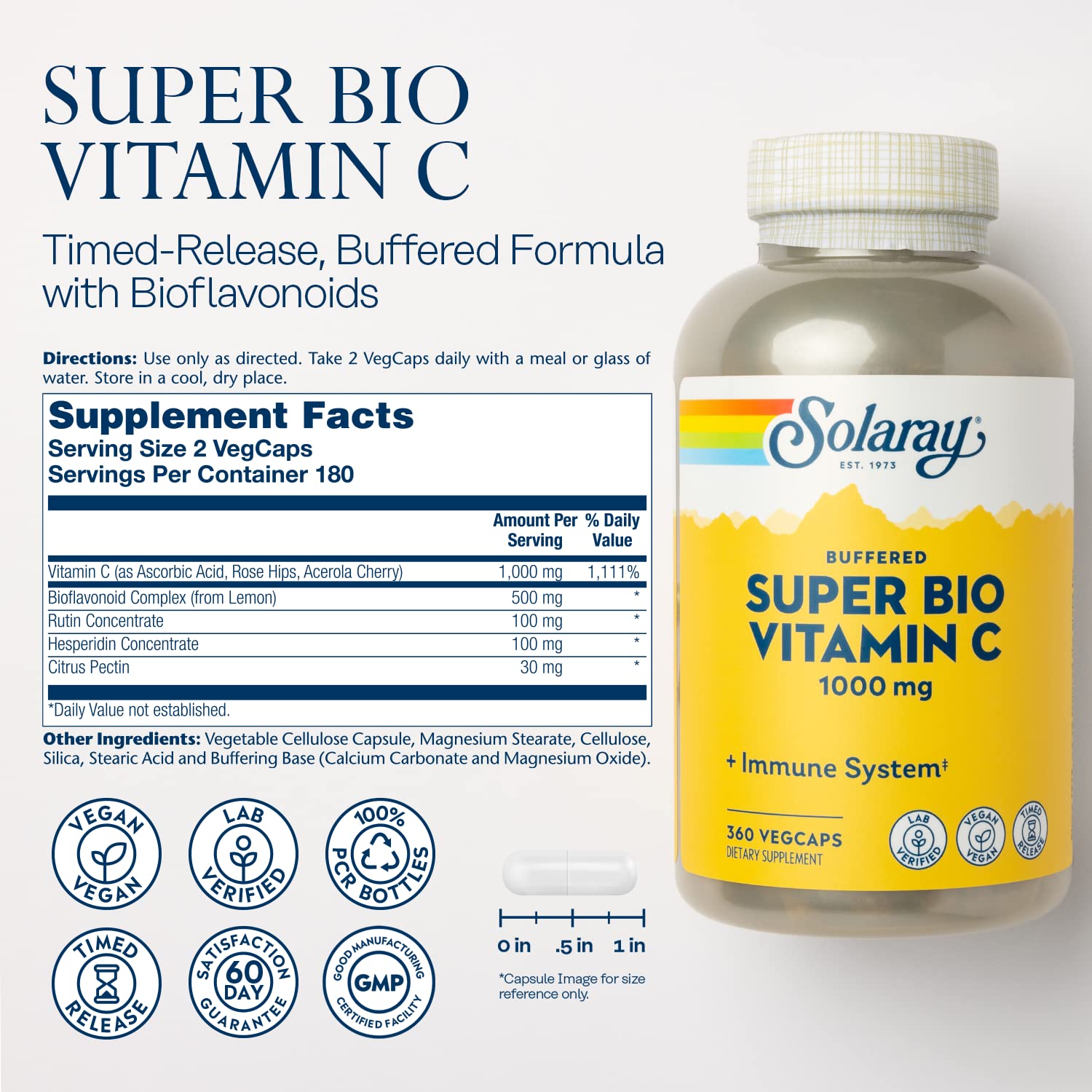 SOLARAY Vitamina C 1000 mg cápsulas veganas para consumo diario
