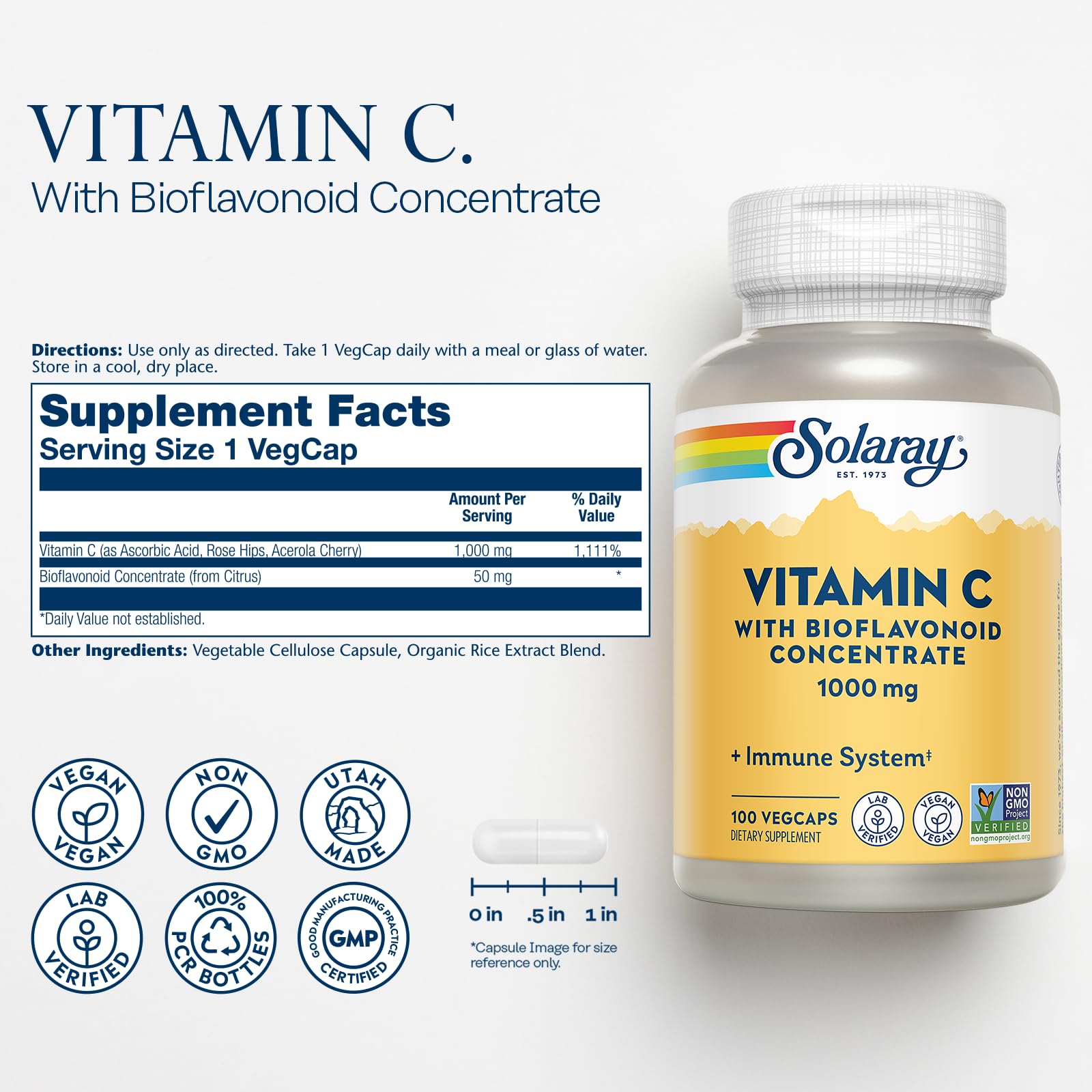 SOLARAY Vitamina C 1000 mg, cápsulas veganas para consumo diario.
