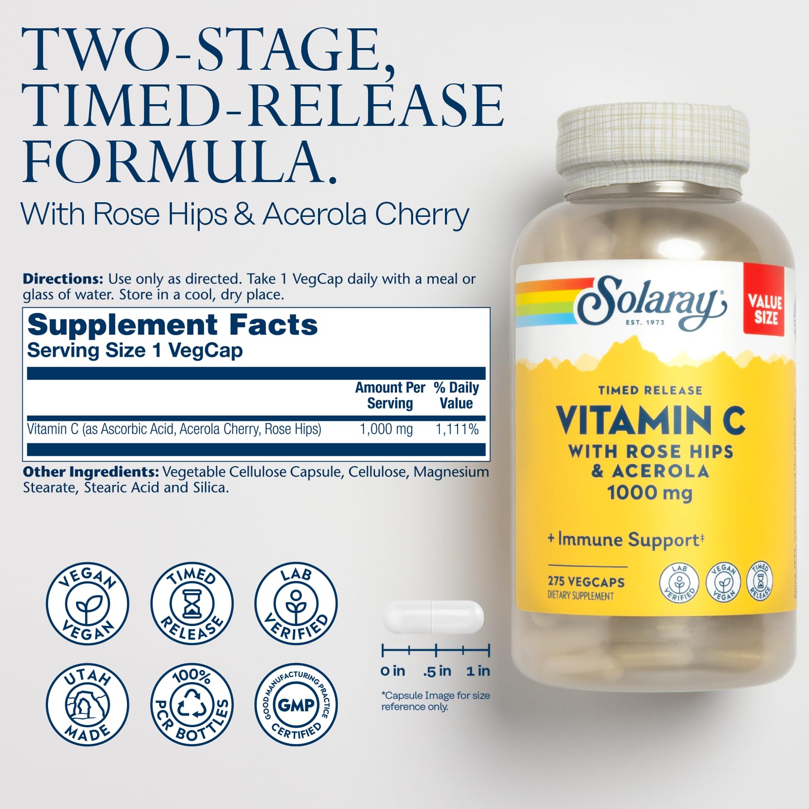 SOLARAY Vitamina C 1000 mg con escaramujos de rosa mosqueta y acerola para mayor biodisponibilidad