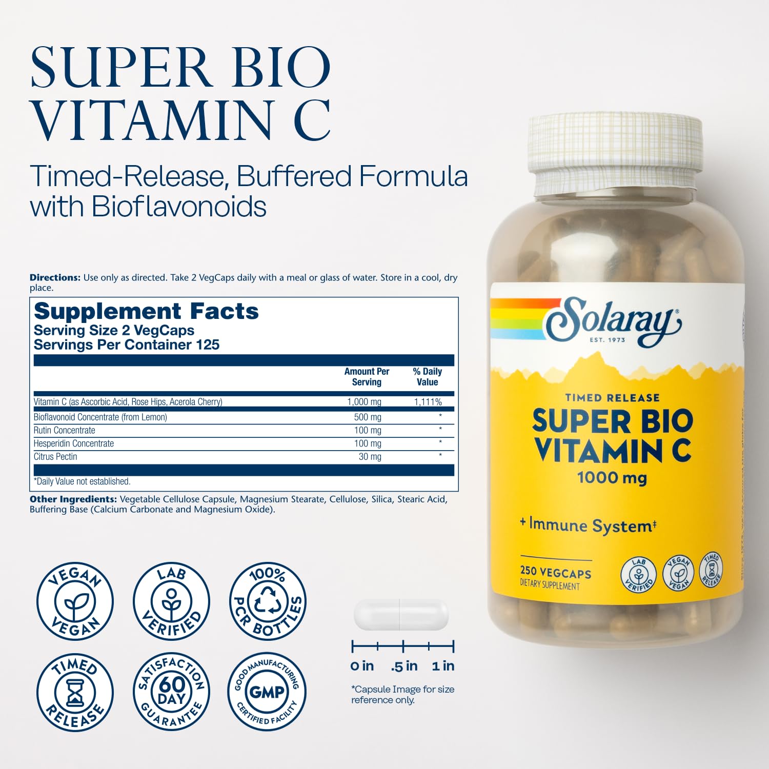 SOLARAY Vitamina C 1000mg con rosa mosqueta y acerola para apoyo antioxidante diario.