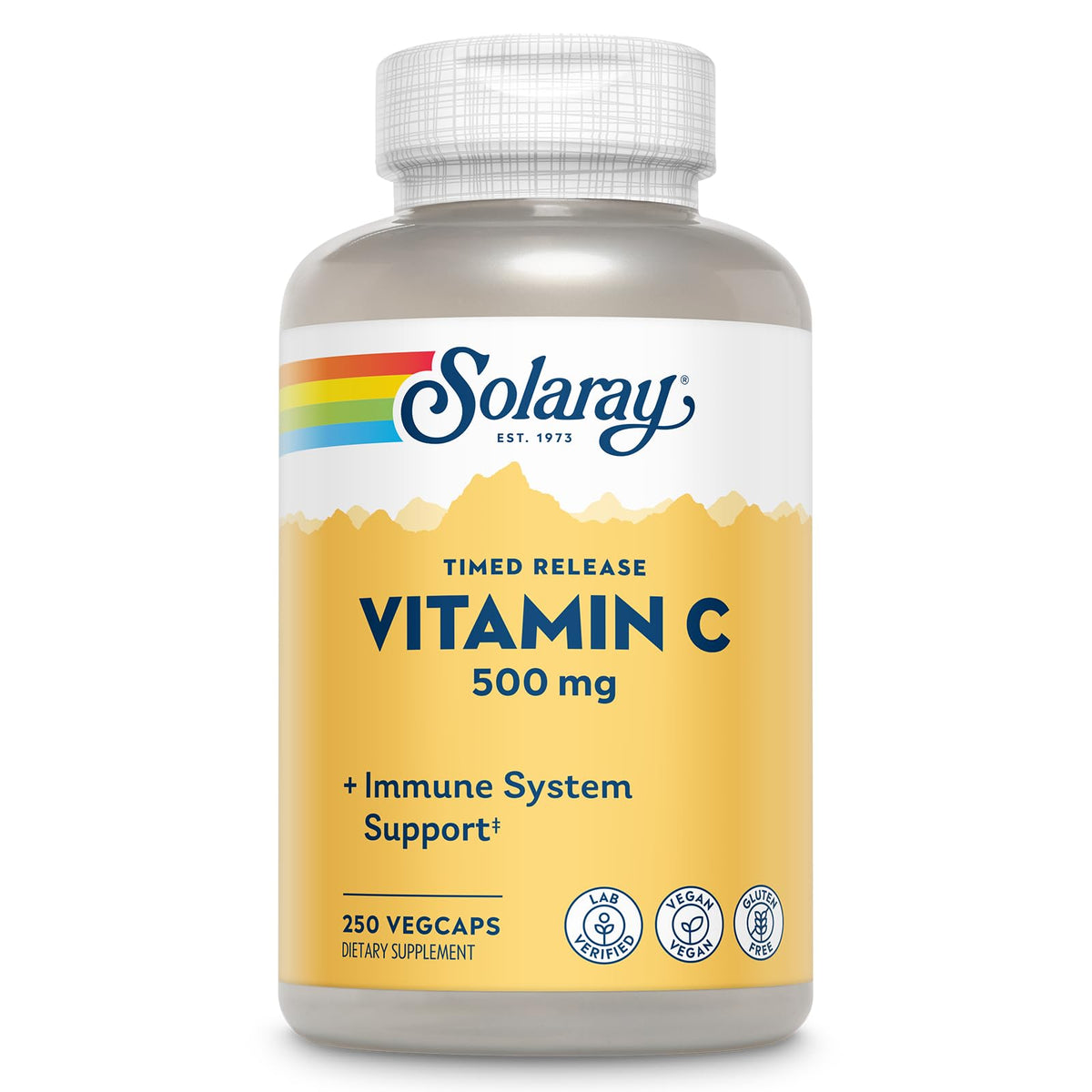 Solaray Vitamina C 500 mg, botella frontal, apoyo diario al sistema inmune.