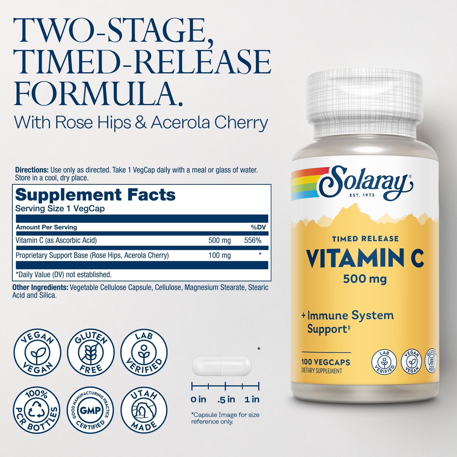 SOLARAY Vitamina C 500mg cápsulas veganas, sin gluten, apoyo al sistema inmune.
