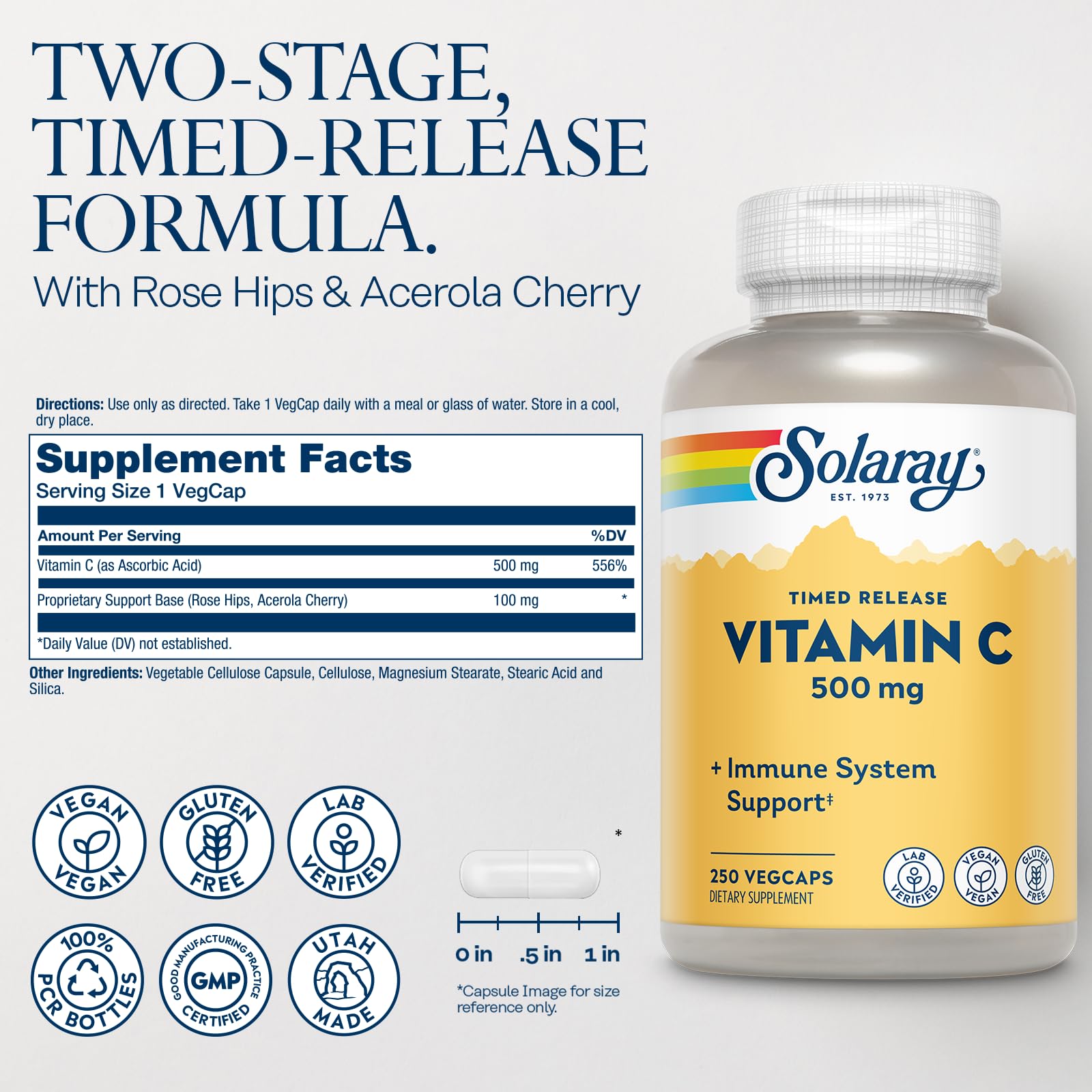 Solaray Vitamina C 500 mg, liberación en dos etapas para absorción sostenida.