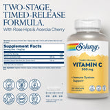 Solaray Vitamina C 500 mg, liberación en dos etapas para absorción sostenida.