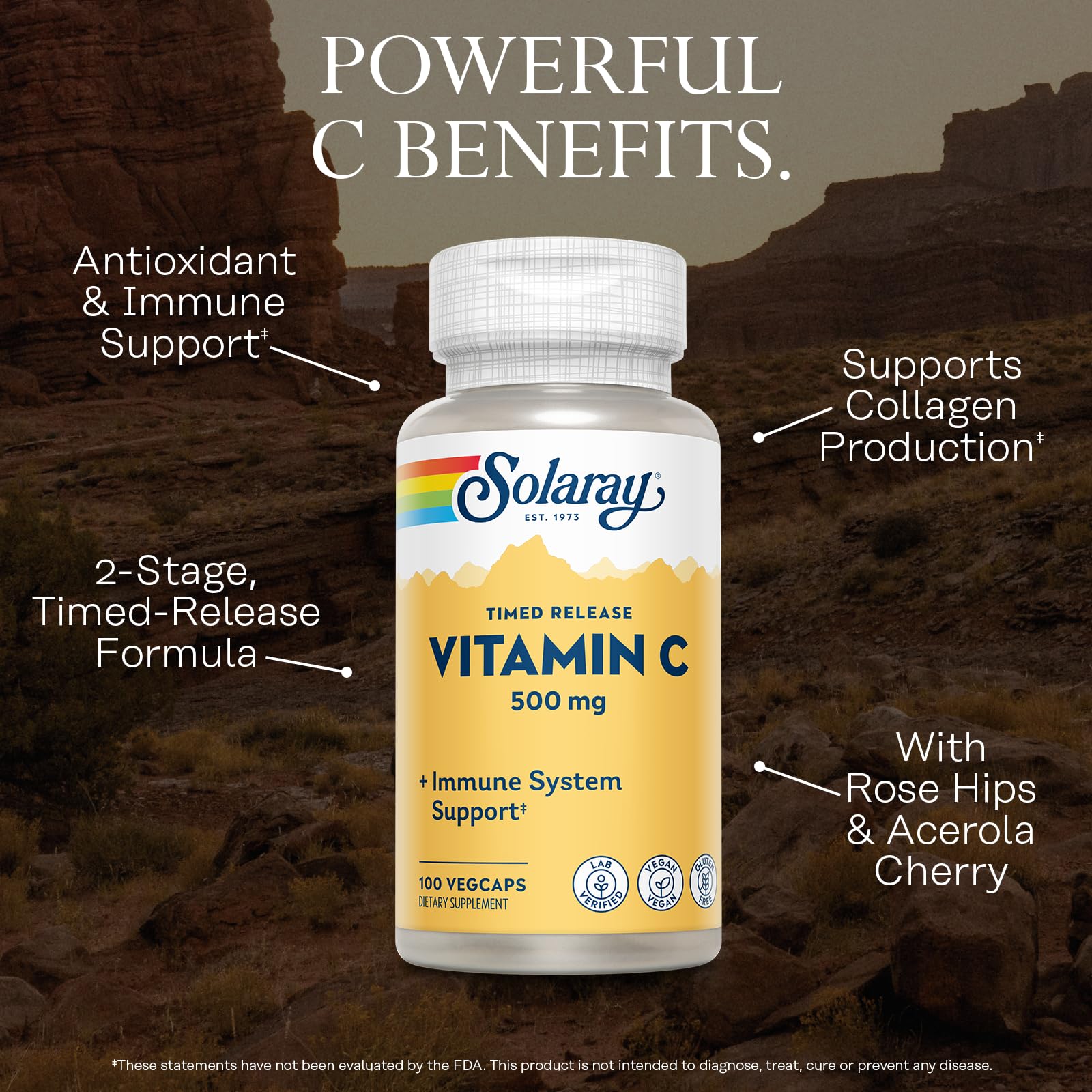 SOLARAY Vitamina C 500mg con rosas mosqueta y acerola, fuente natural de antioxidantes.