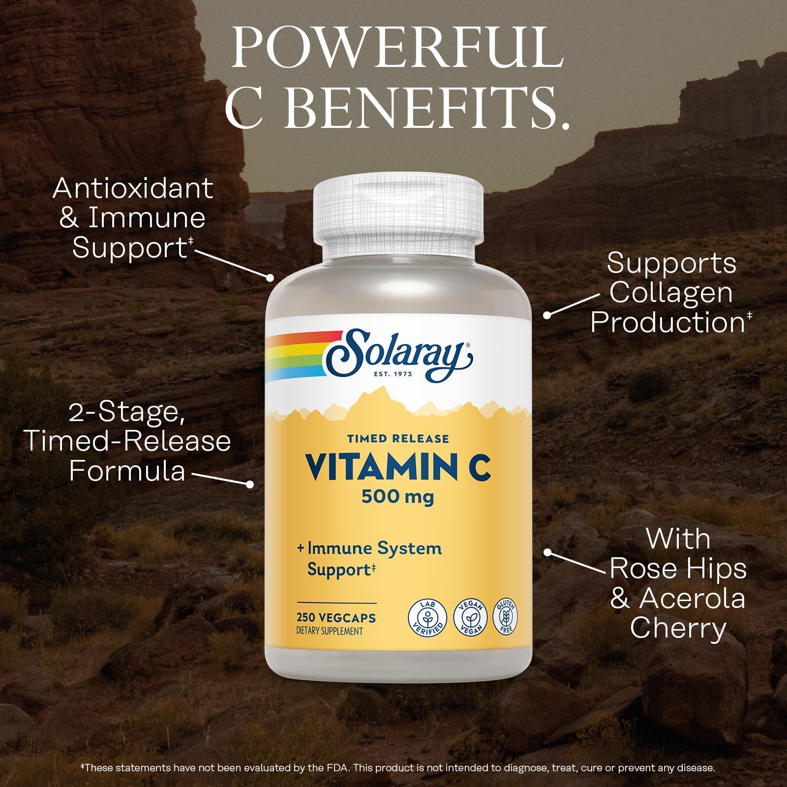 Solaray Vitamina C 500 mg con rosa mosqueta y acerola para apoyo antioxidante.
