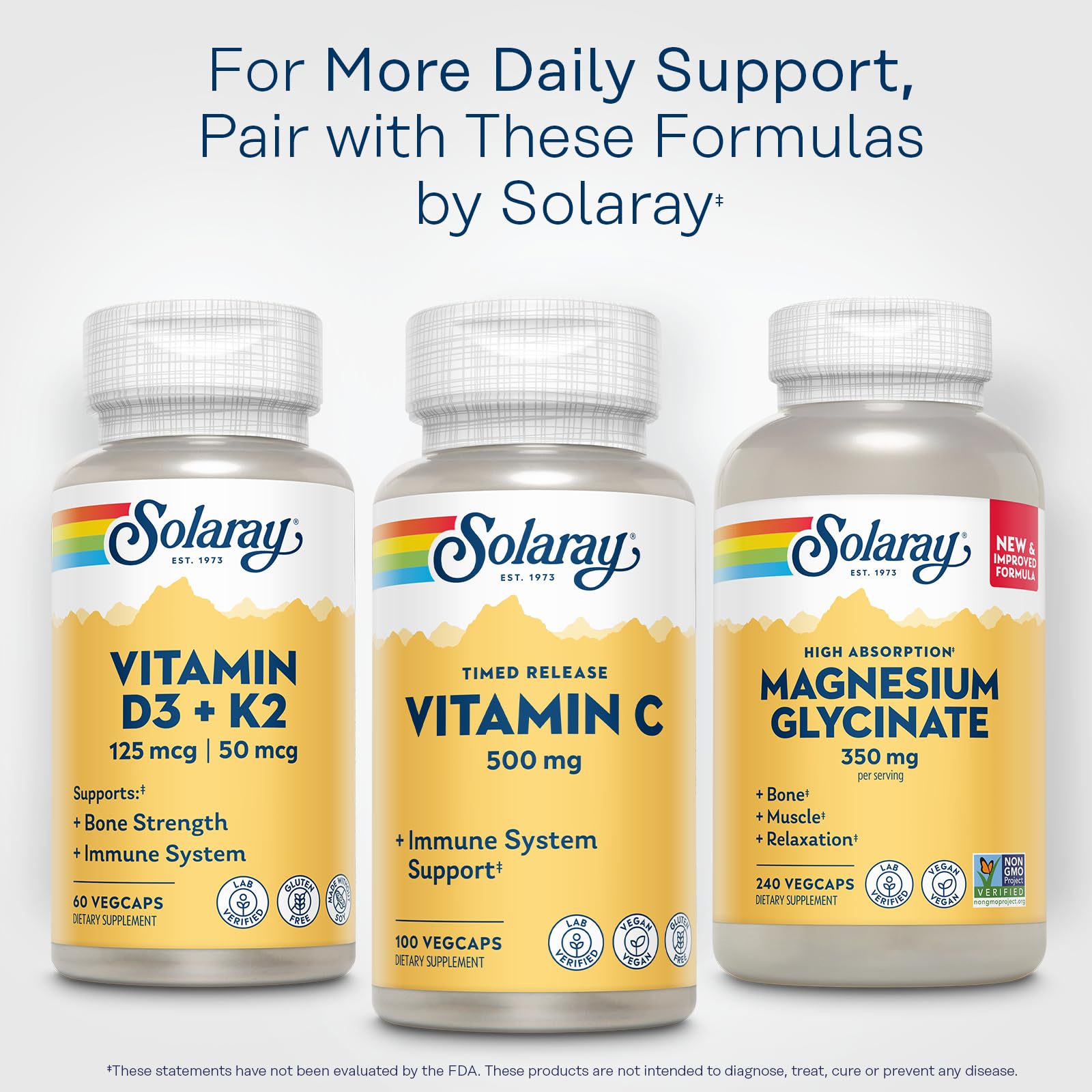 SOLARAY Vitamina C 500mg, uso diario para apoyo general de bienestar.