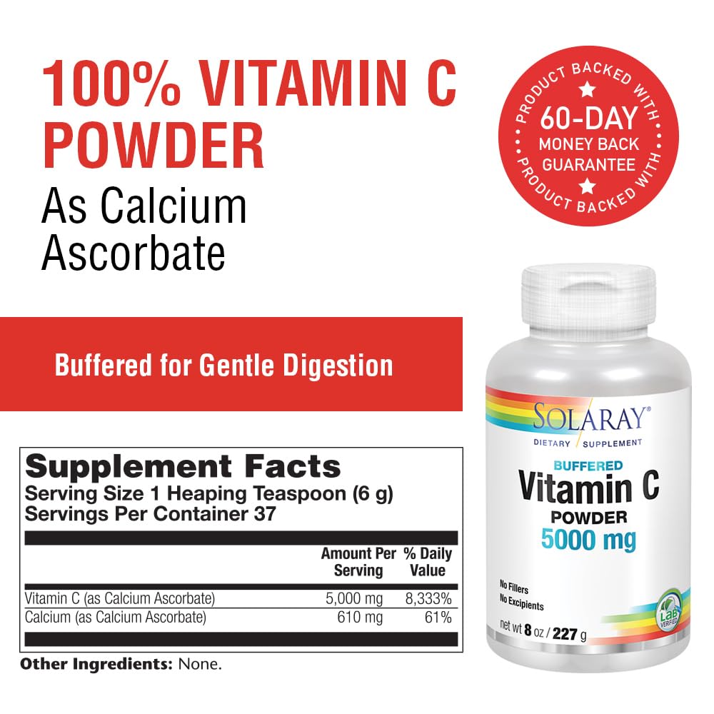 SOLARAY Vitamina C Cristalina 5000mg, etiqueta visible: producto puro, sin aditivos.