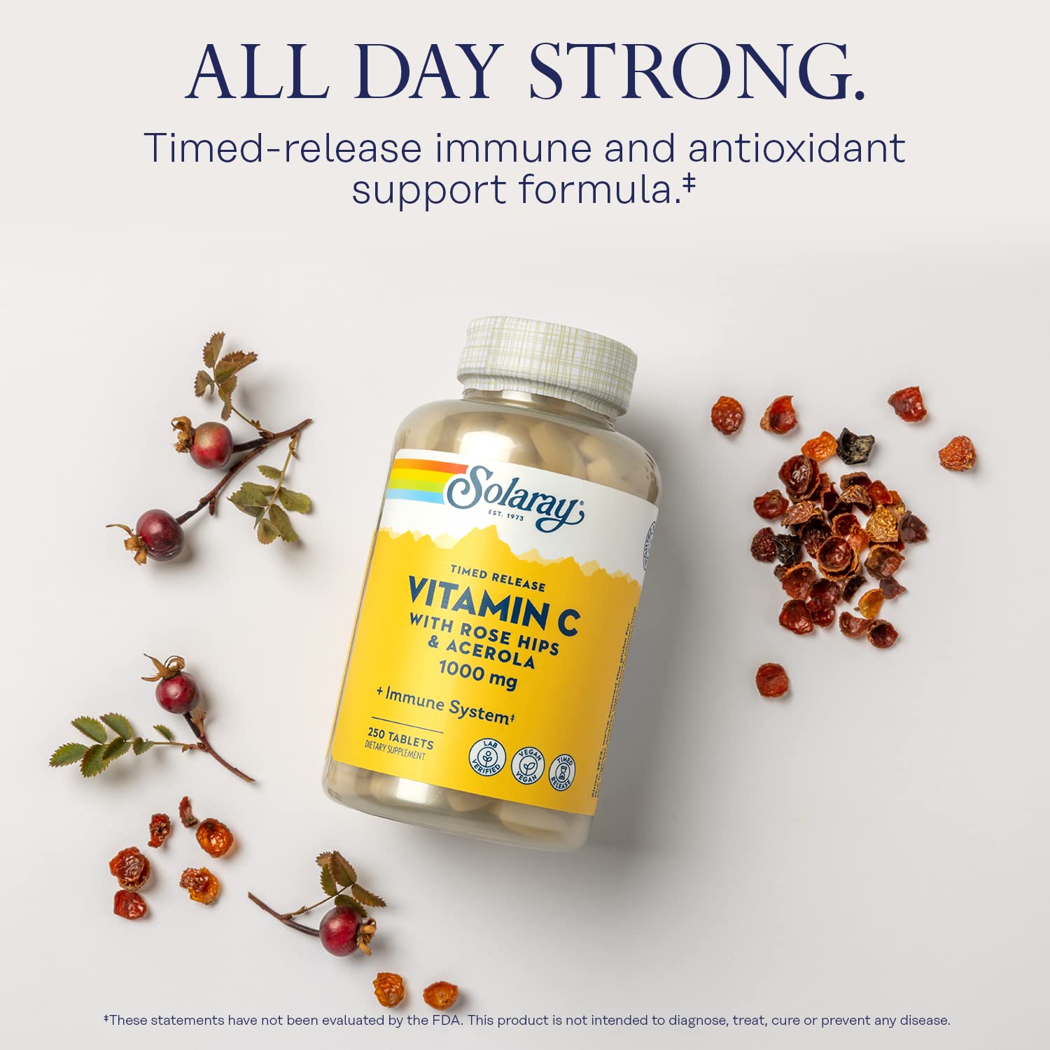 SOLARAY Vitamina C y etiqueta legible con beneficios antioxidantes.