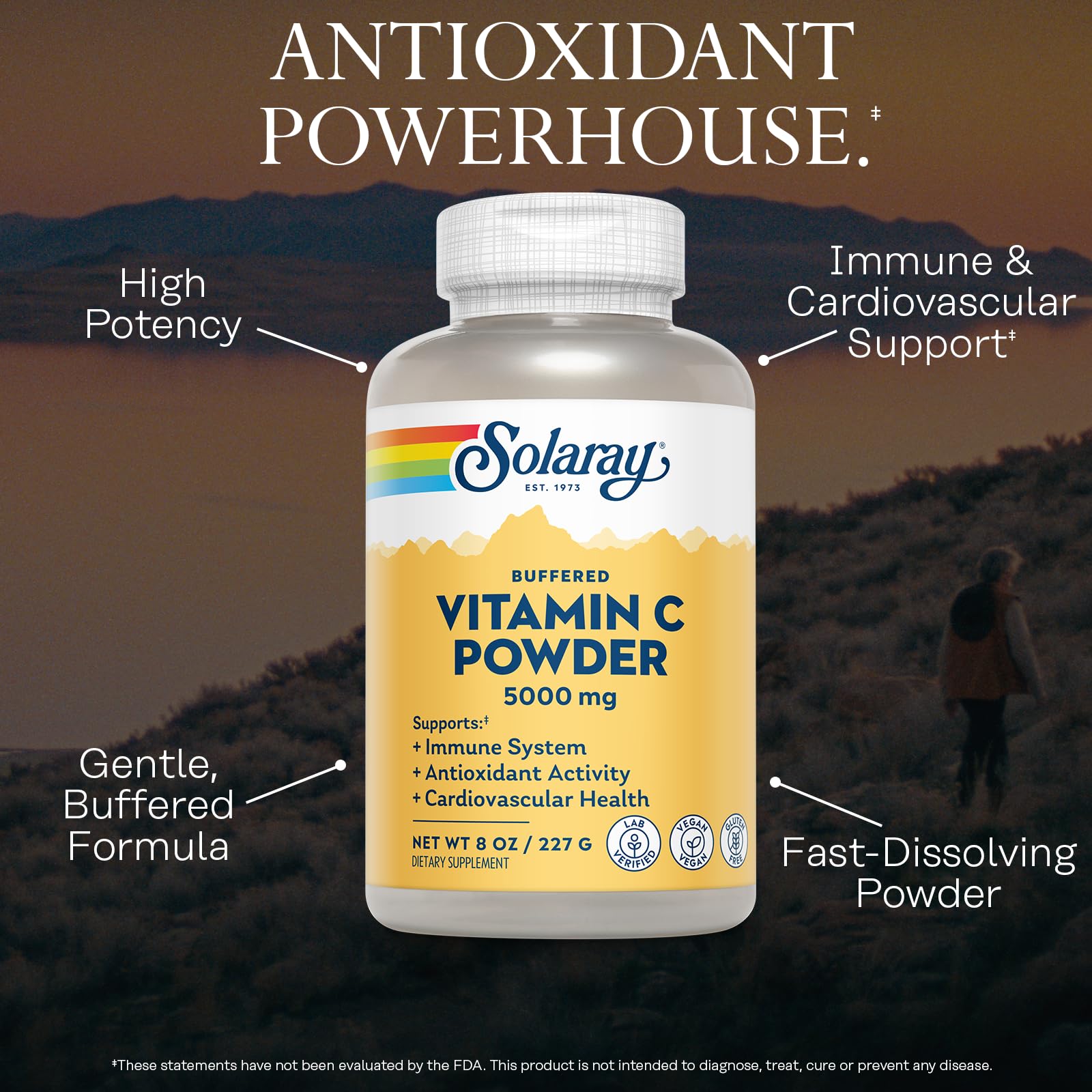 Solaray Vitamina C en polvo mezcla fácil en agua, jugo o batido.