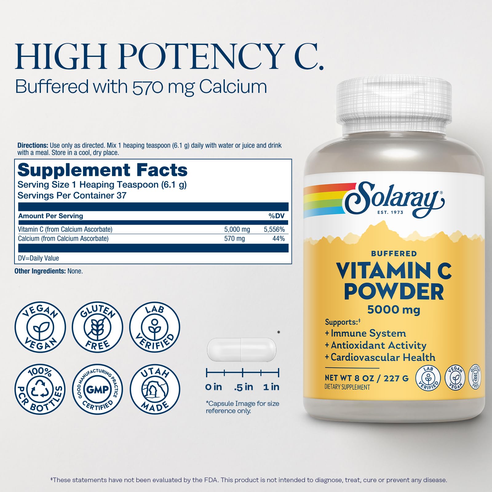 Solaray Vitamina C en polvo para piel saludable y elasticidad.