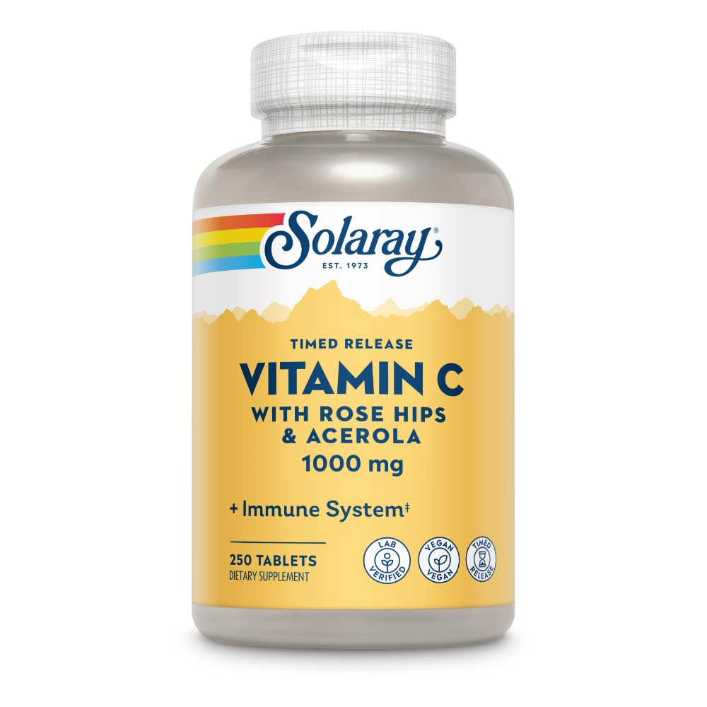SOLARAY Vitamina C con rosa mosqueta y acerola en botella para uso diario.