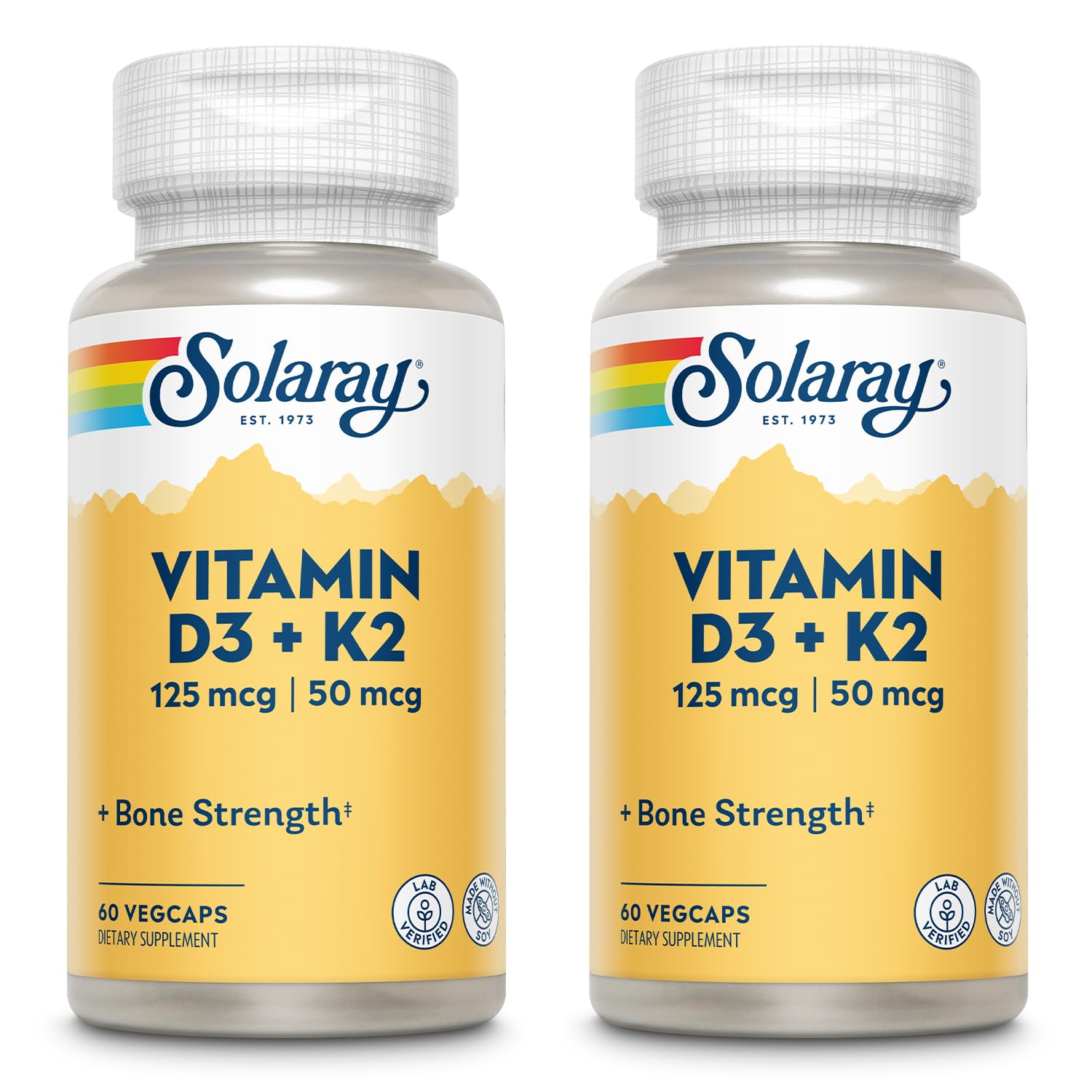 SOLARAY Vitamina D3 + K2: botella mostrando la dosis para apoyar la absorción de calcio.