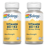 SOLARAY Vitamina D3 + K2: botella mostrando la dosis para apoyar la absorción de calcio.