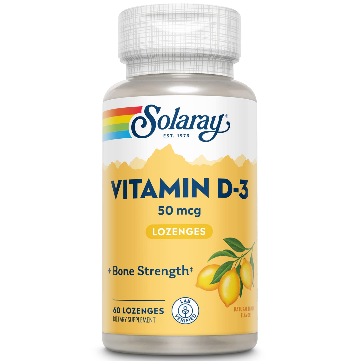 SOLARAY Vitamina D3 con sabor limón natural para apoyo diario de huesos.
