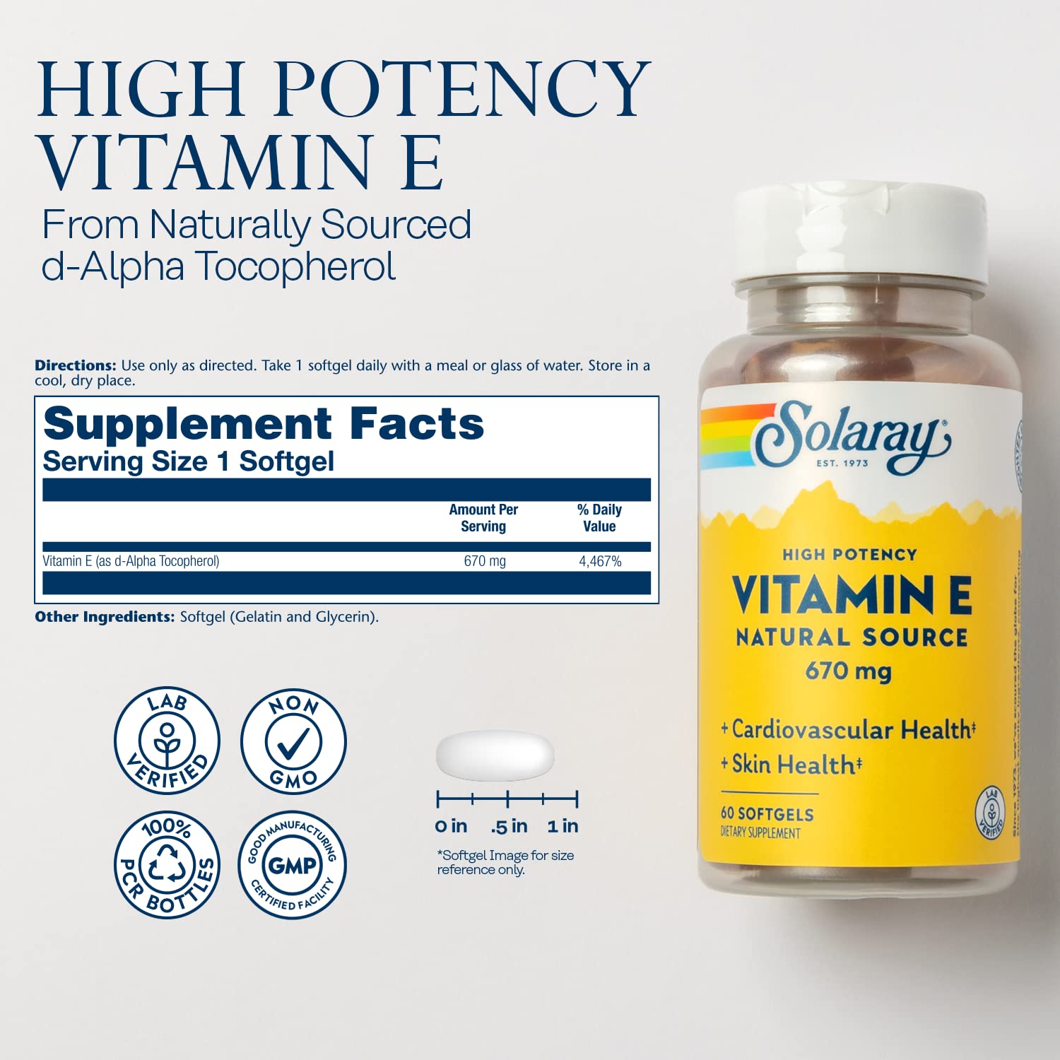 SOLARAY Vitamina E 1000 UI en cápsulas, fórmula natural sin aceite adicional.