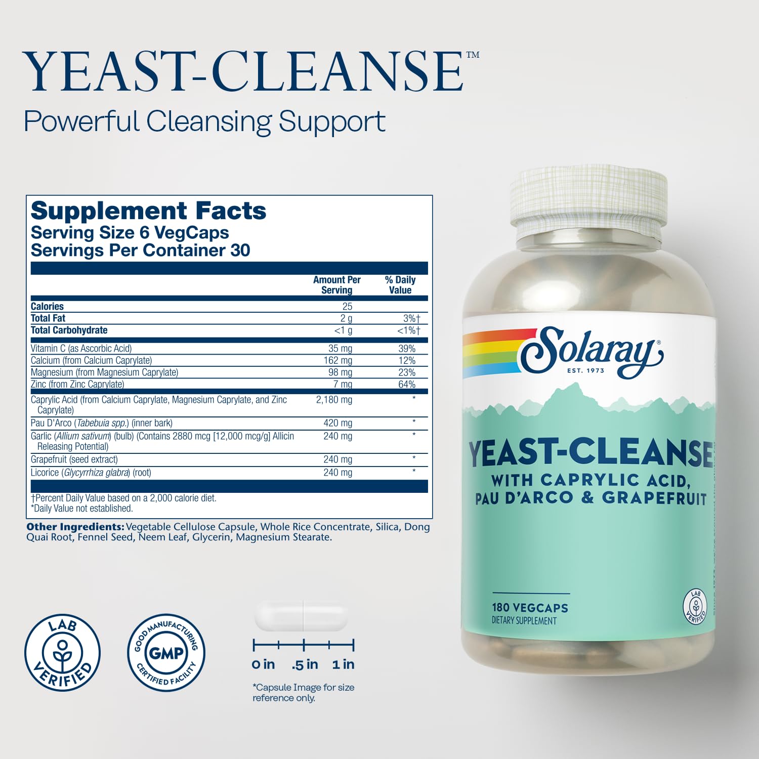 Cápsulas vegetarianas de Solaray Yeast-Cleanse en blister, fáciles de incorporar a la rutina diaria.
