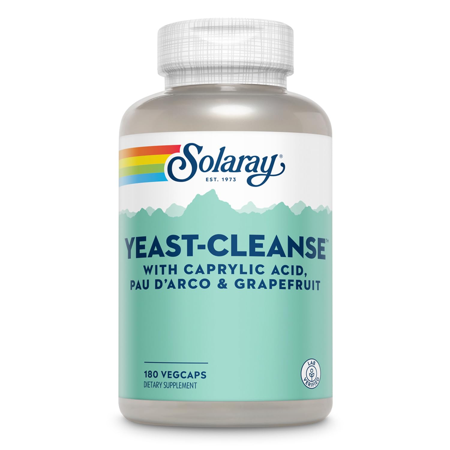 Botella de Solaray Yeast-Cleanse con etiqueta clara para apoyo al bienestar diario.