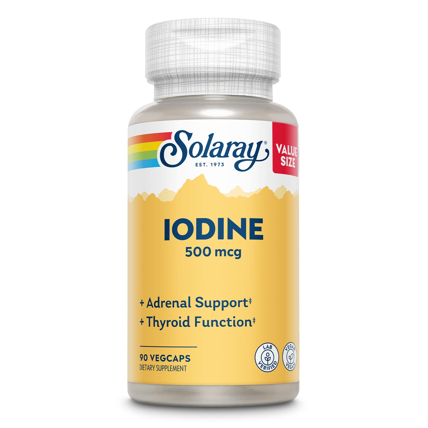 SOLARAY yodo 500 mcg: bote visible para apoyar energía diaria.