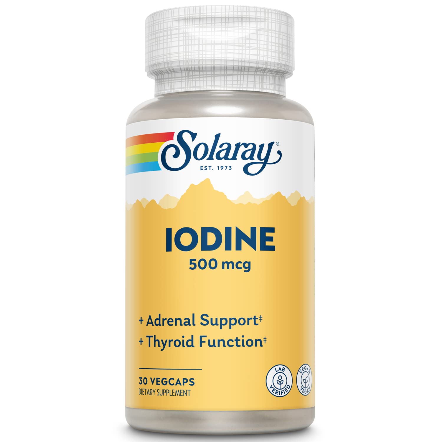 SOLARAY yodo 500mcg, botella visible para uso diario con dosis constante