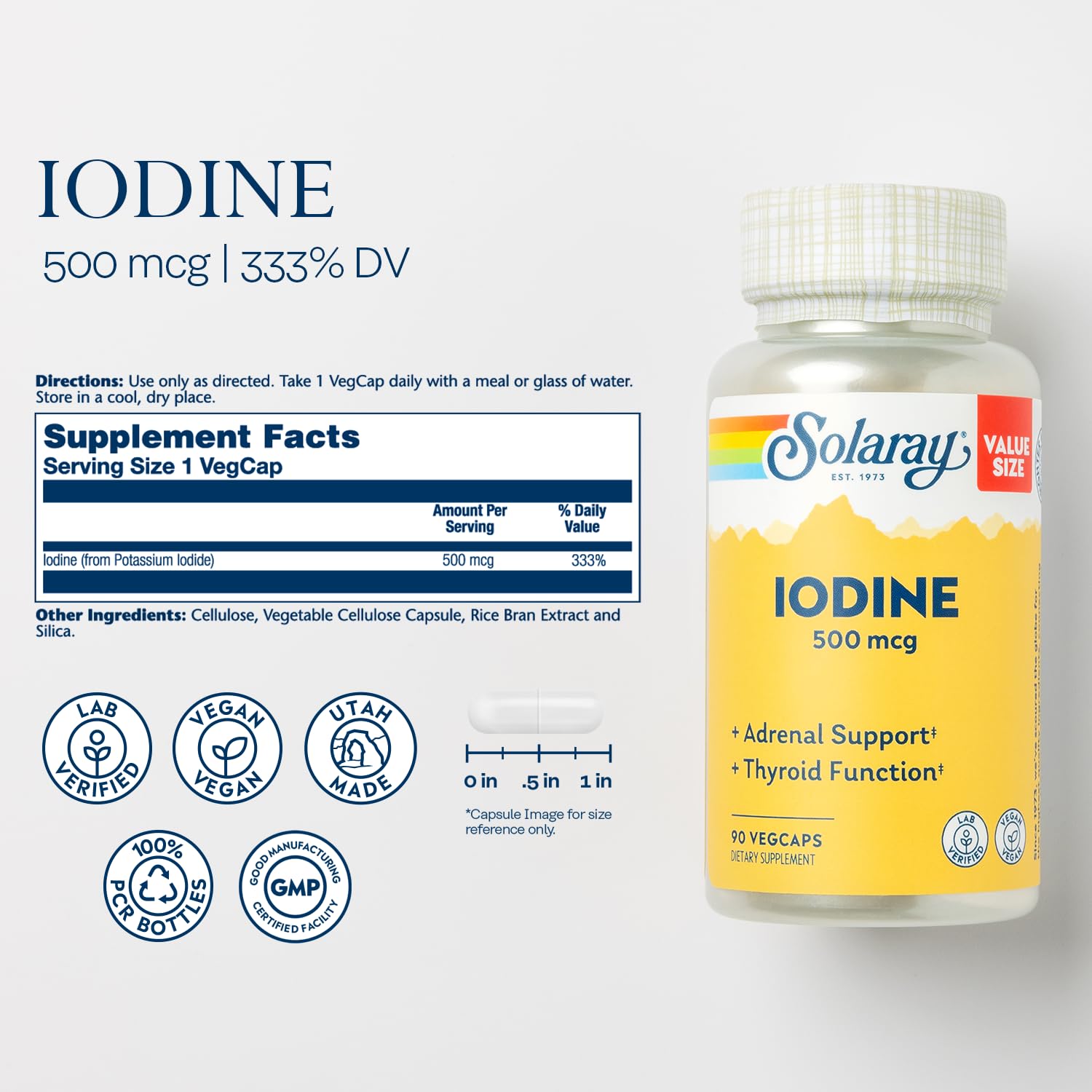 SOLARAY yodo 500 mcg, cápsulas vegetales para consumo diario.