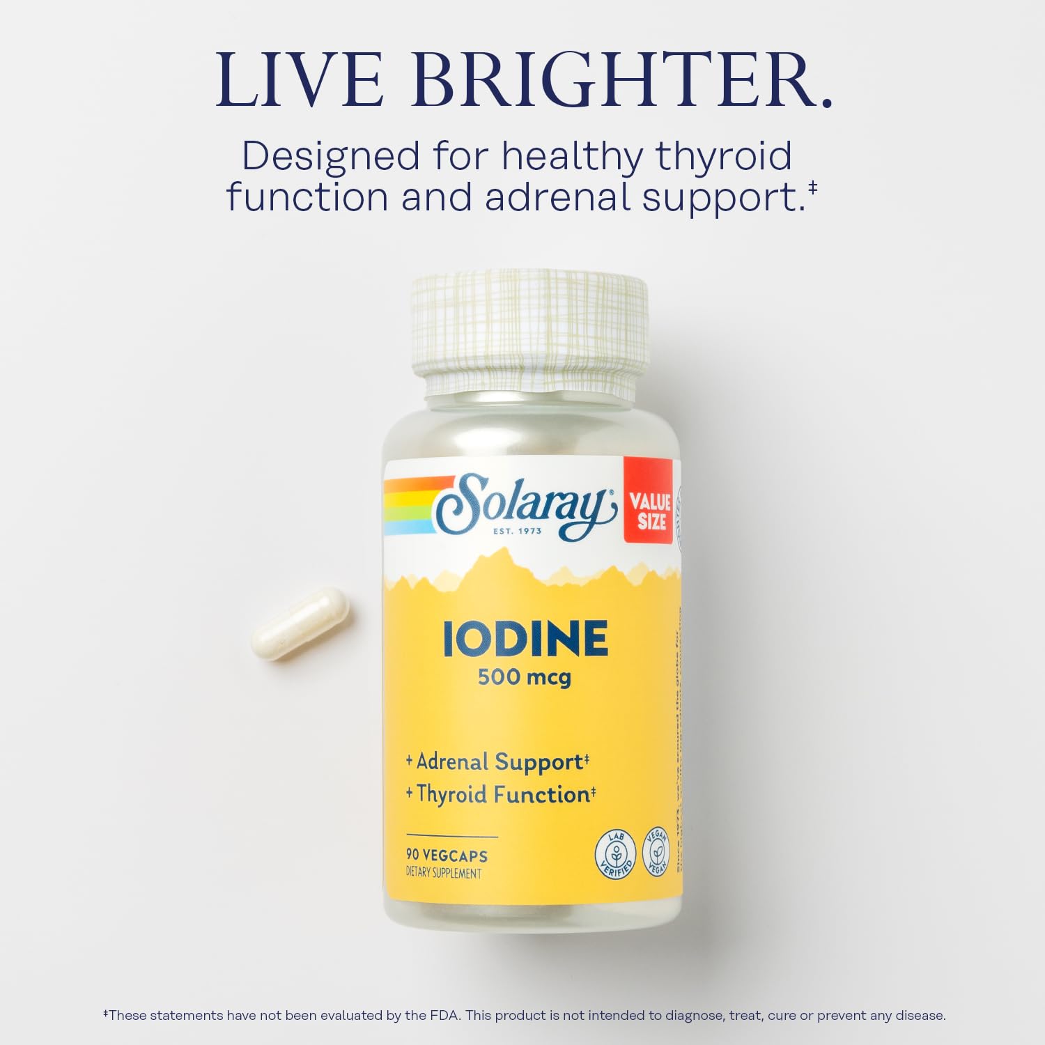 SOLARAY yodo 500 mcg, etiqueta detallada con información clara de dosis.