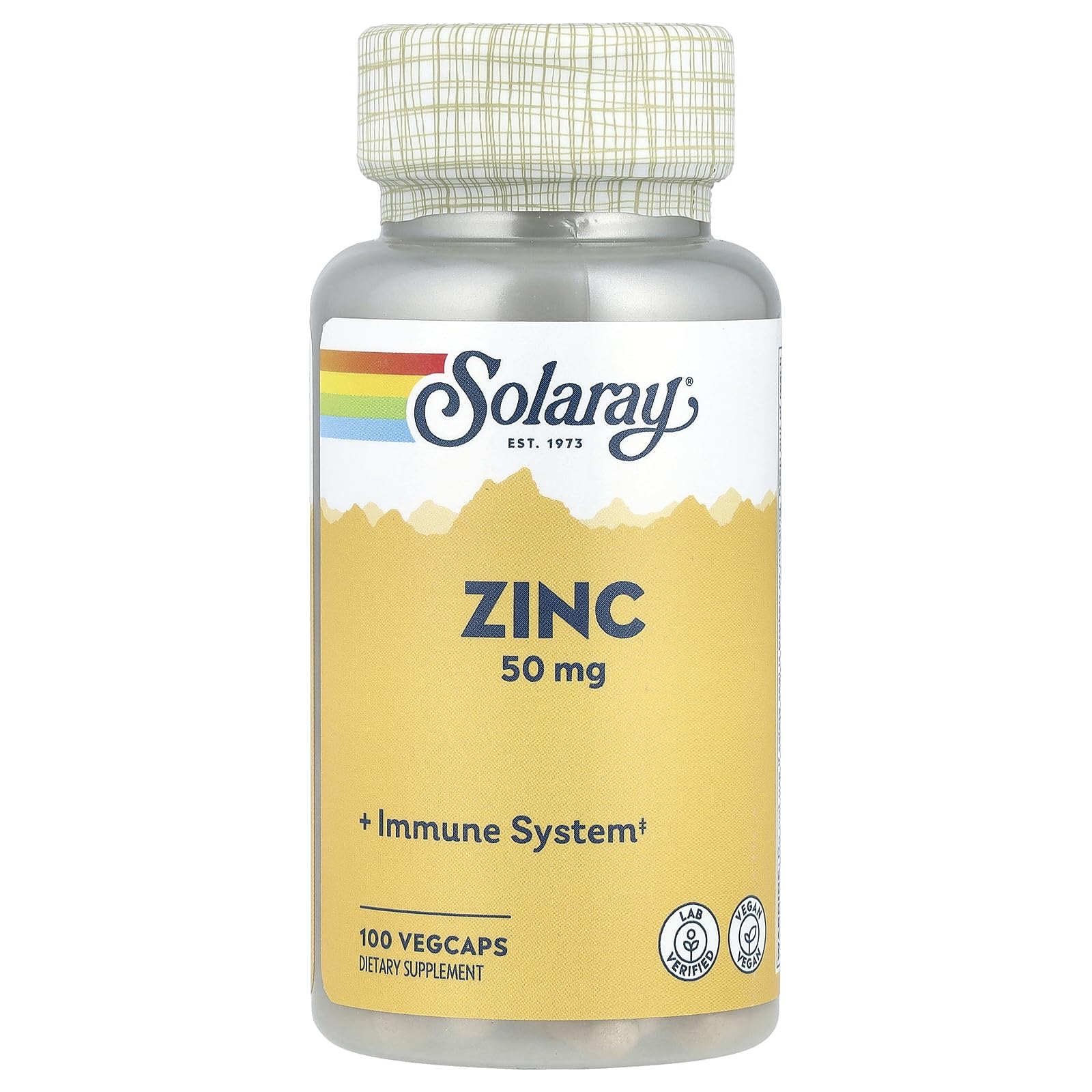 Solaray Zinc 50 mg, botella frontal, dosis diaria fácil de revisar.