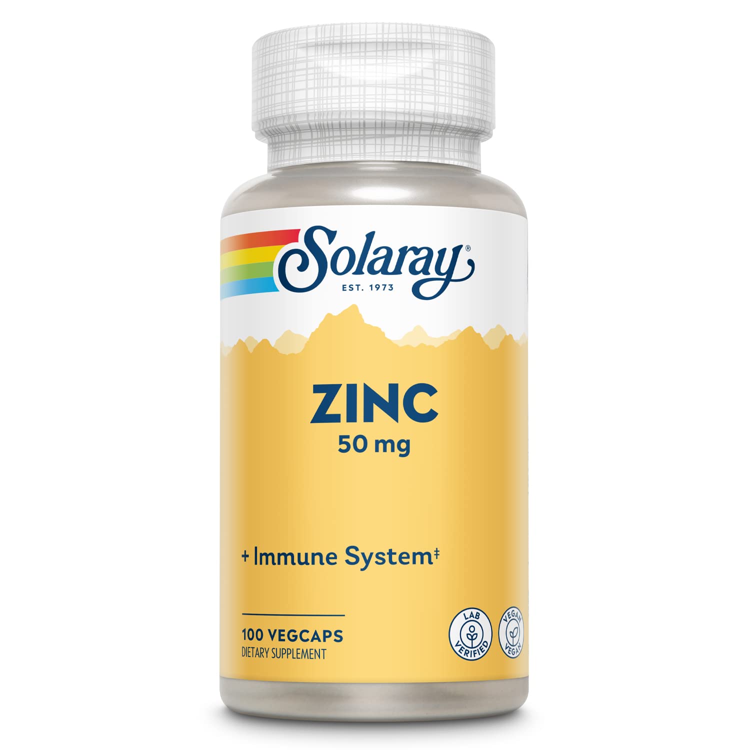 SOLARAY Zinc 50 mg cápsulas vegetales en frasco frontal, favorece el metabolismo normal.