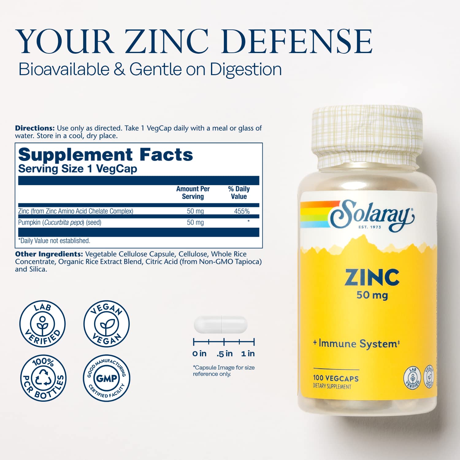 Solaray Zinc 50mg chelate, mejora potencial de absorción y menor irritación estomacal.