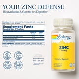 Solaray Zinc 50mg chelate, mejora potencial de absorción y menor irritación estomacal.