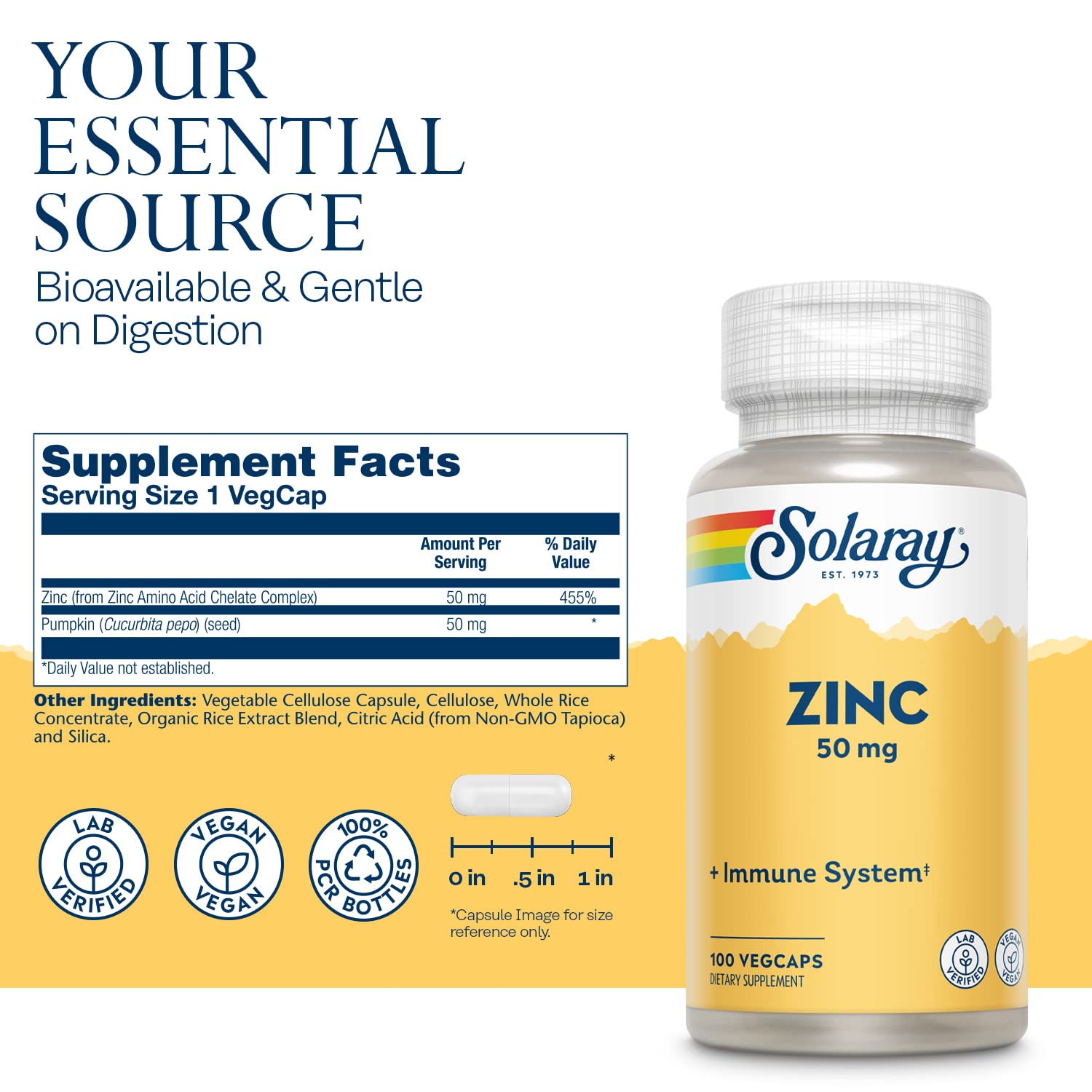 SOLARAY Zinc 50 mg, etiqueta visible en el envase, uso diario.