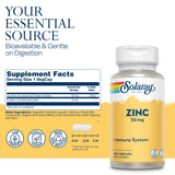 SOLARAY Zinc 50 mg, etiqueta visible en el envase, uso diario.