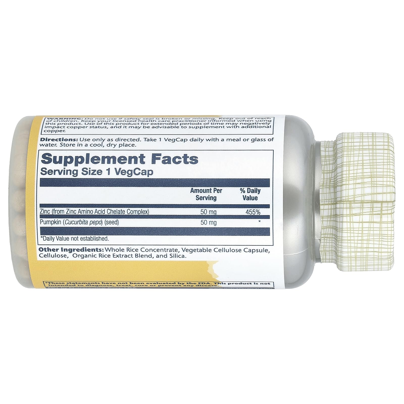Solaray Zinc 50 mg, etiqueta de nutrientes, útil para verificar alérgenos.