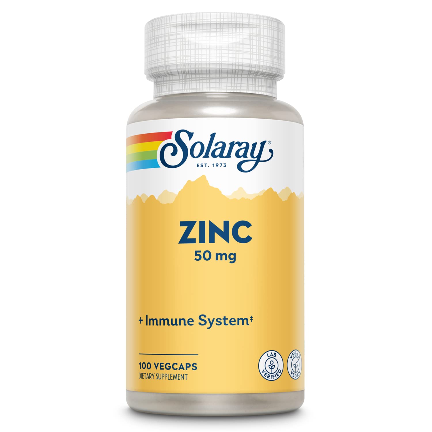 Solaray Zinc 50mg en botella, soporte para la inmunidad y uso diario.