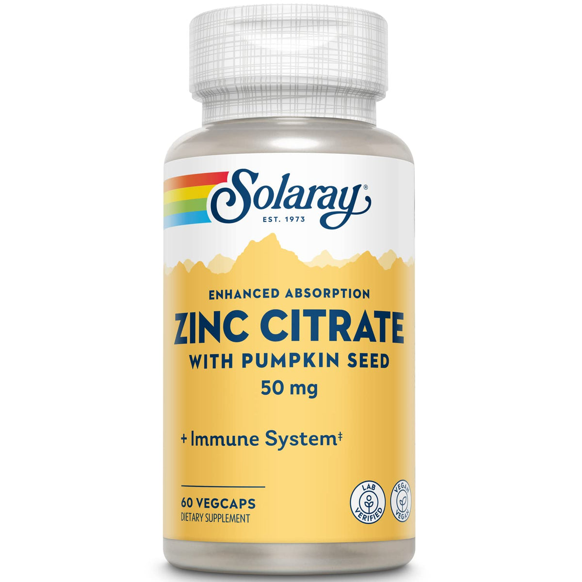 SOLARAY Zinc Citrato 50 mg: botella visible para uso diario.