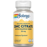 SOLARAY Zinc Citrato 50 mg: etiqueta legible con dosis clara para planificación.