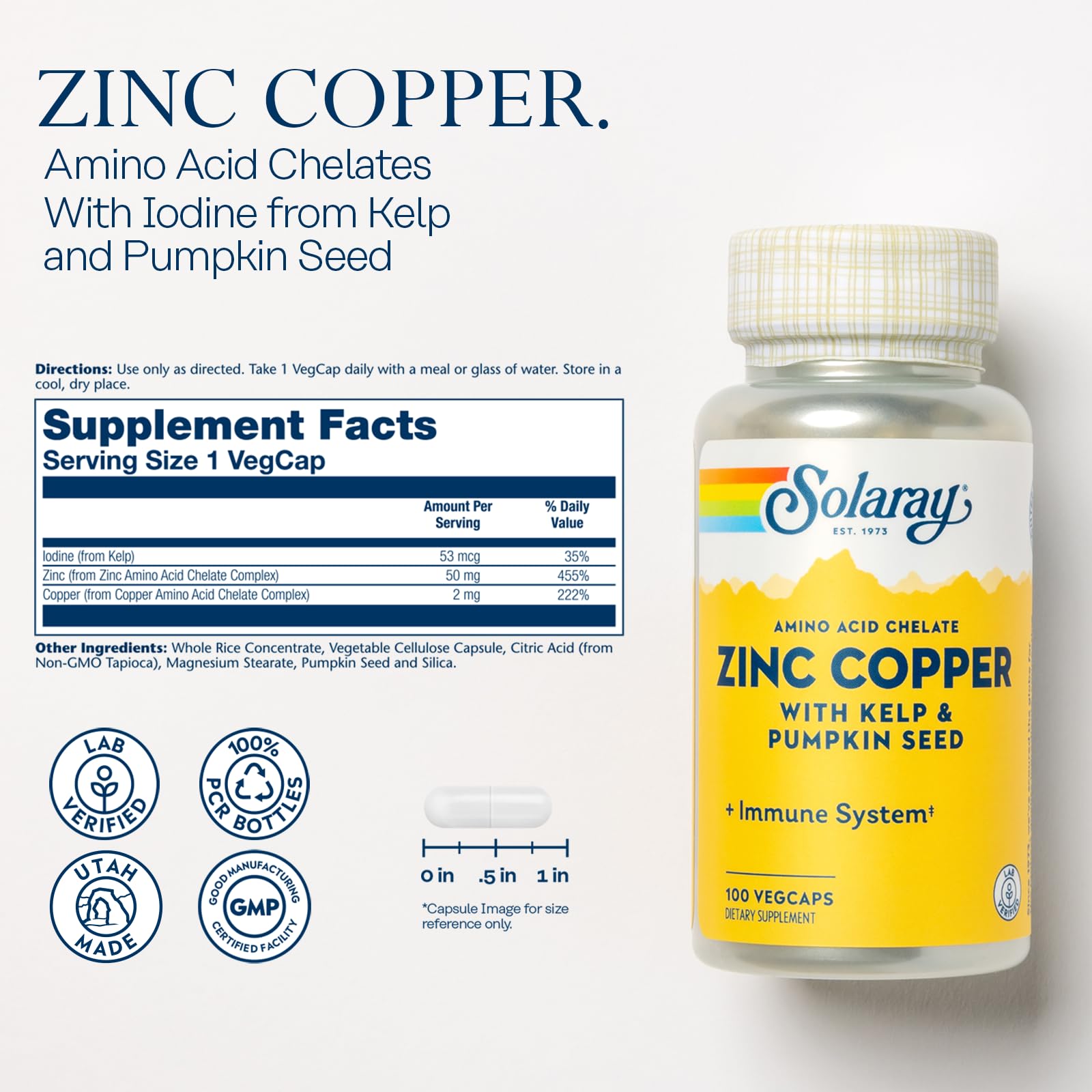 SOLARAY Zinc-Cobre quelato en etiqueta, dosis clara para uso diario.