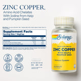 SOLARAY Zinc-Cobre quelato en etiqueta, dosis clara para uso diario.