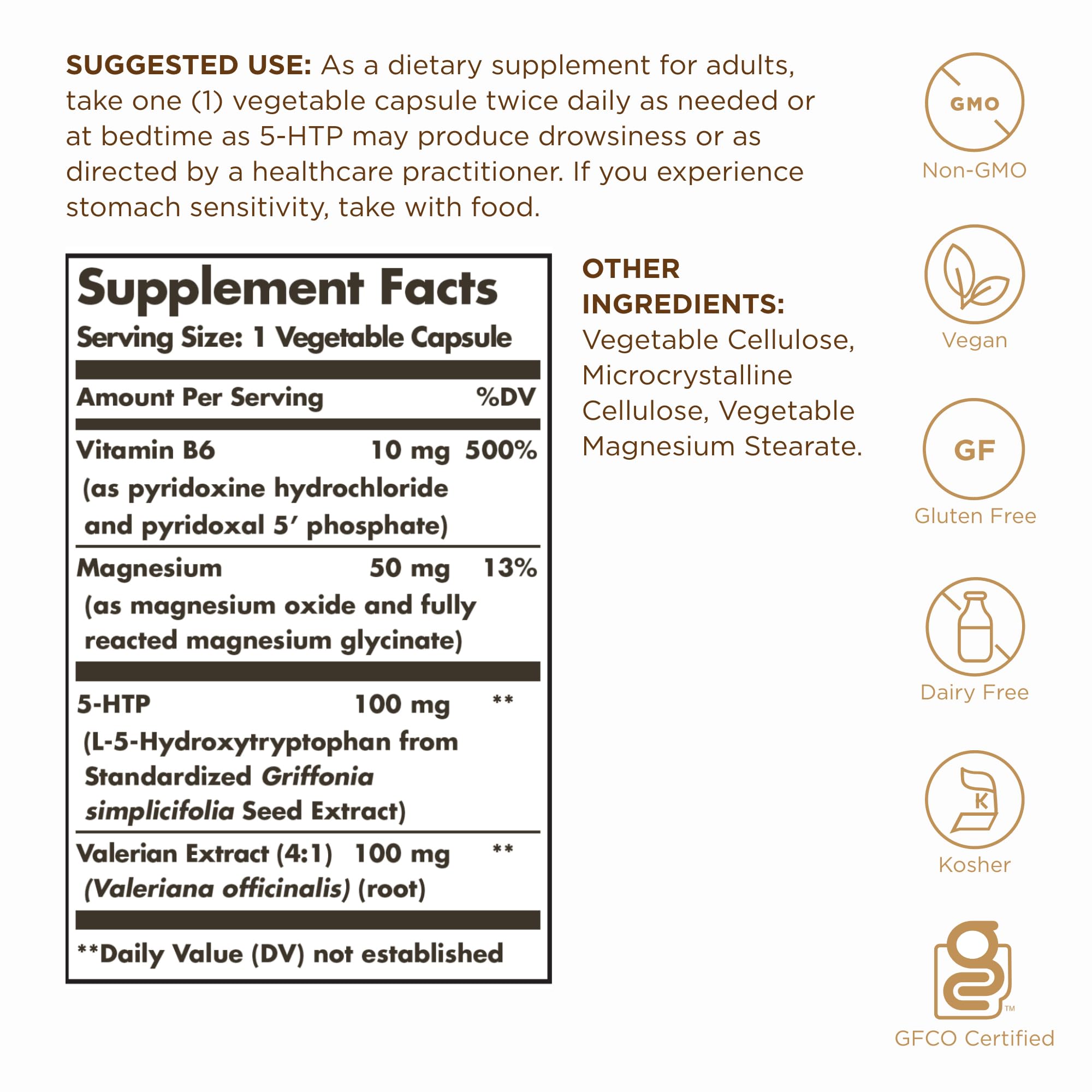 Solgar 5-HTP botella-envase, etiqueta clara para apoyo al estado de ánimo.