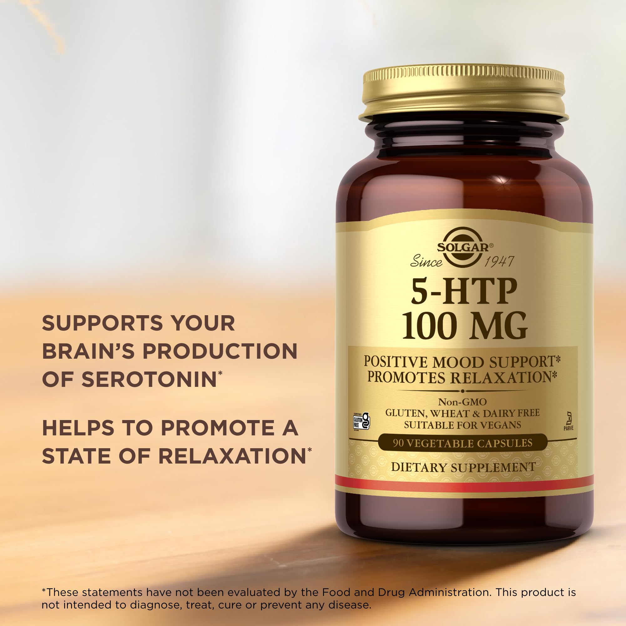 Solgar 5-HTP etiqueta sin gluten y vegano, ideales para dietas restrictivas.