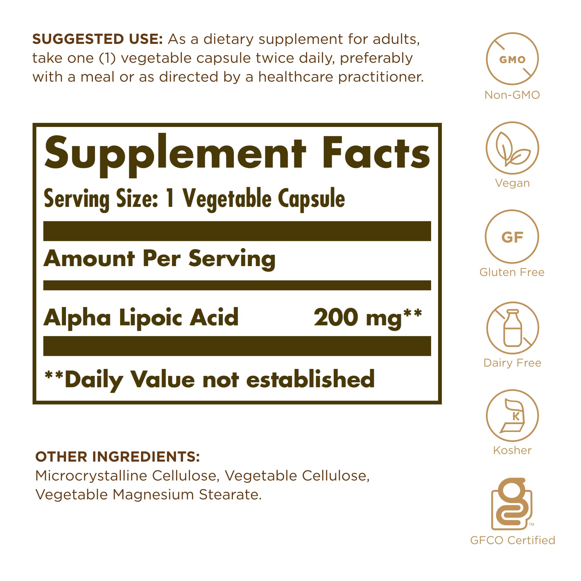 Solgar Ácido Alfa Lipoico 200 mg cápsulas vegetales vista lateral del envase, versatilidad antioxidante