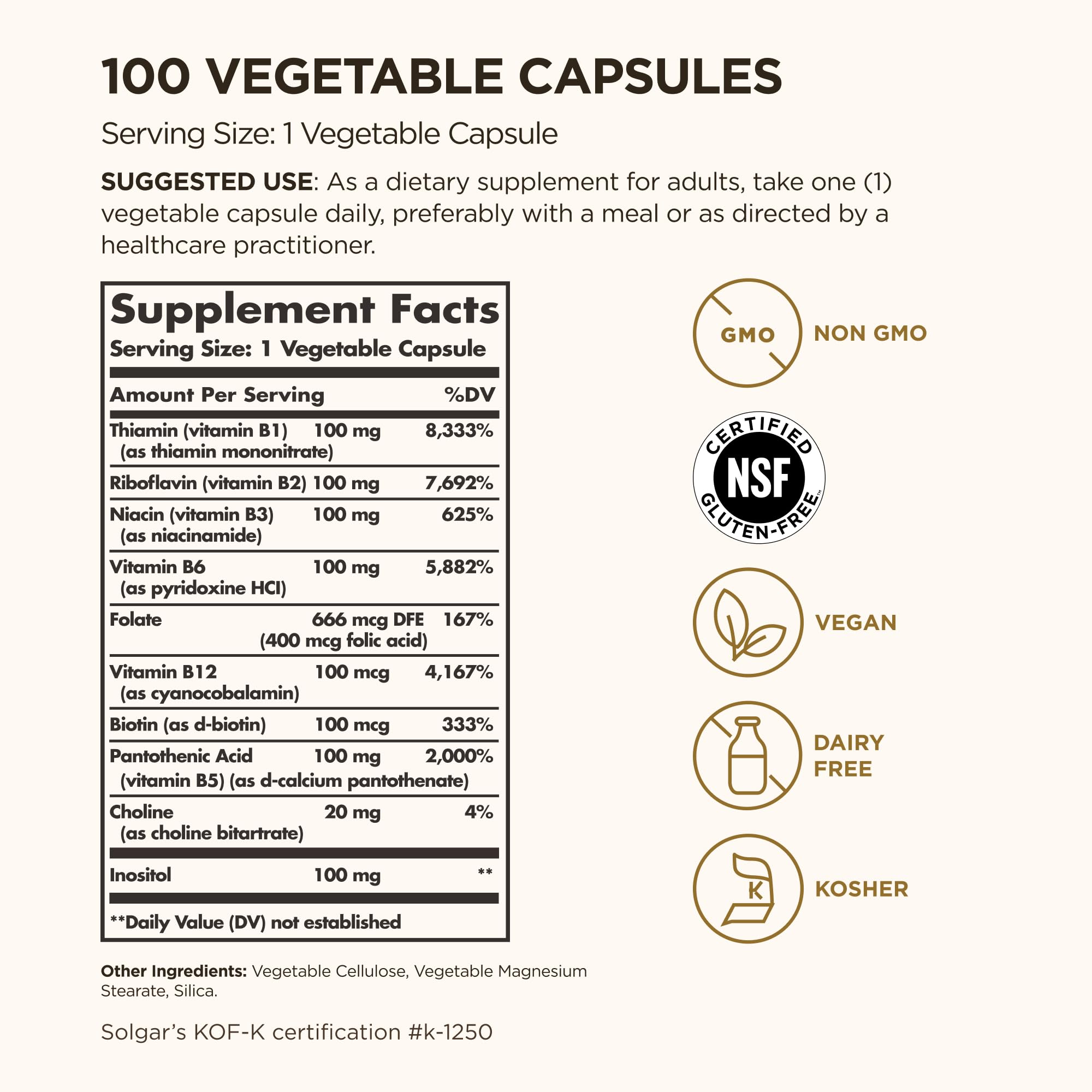 Solgar B-Complex 100: botella de cápsulas veganas listas para el uso diario.