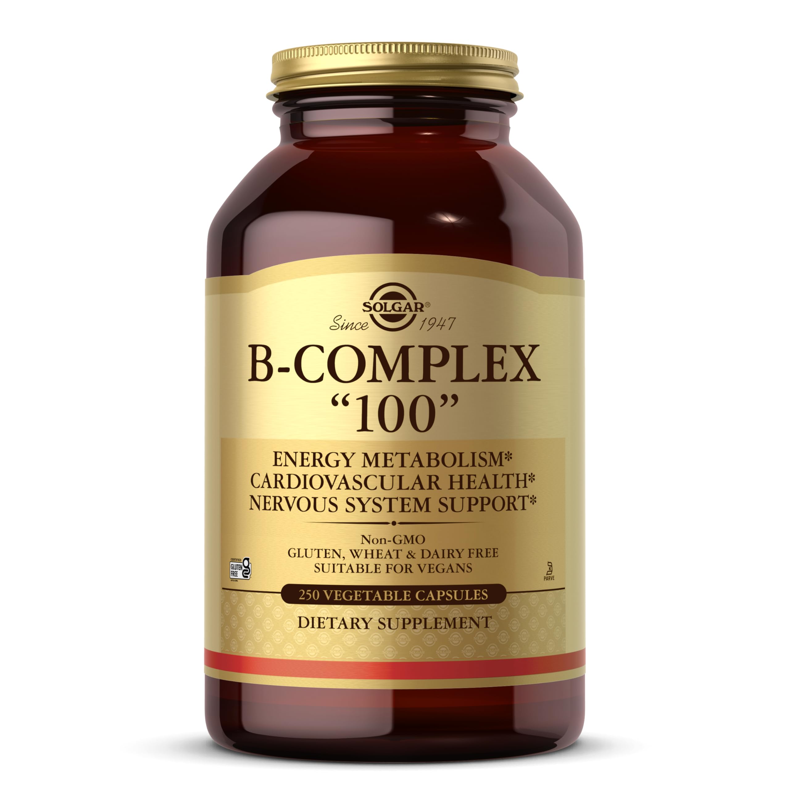 Solgar B-Complex 100, botella frontal: apoyo diario para energía sostenida.
