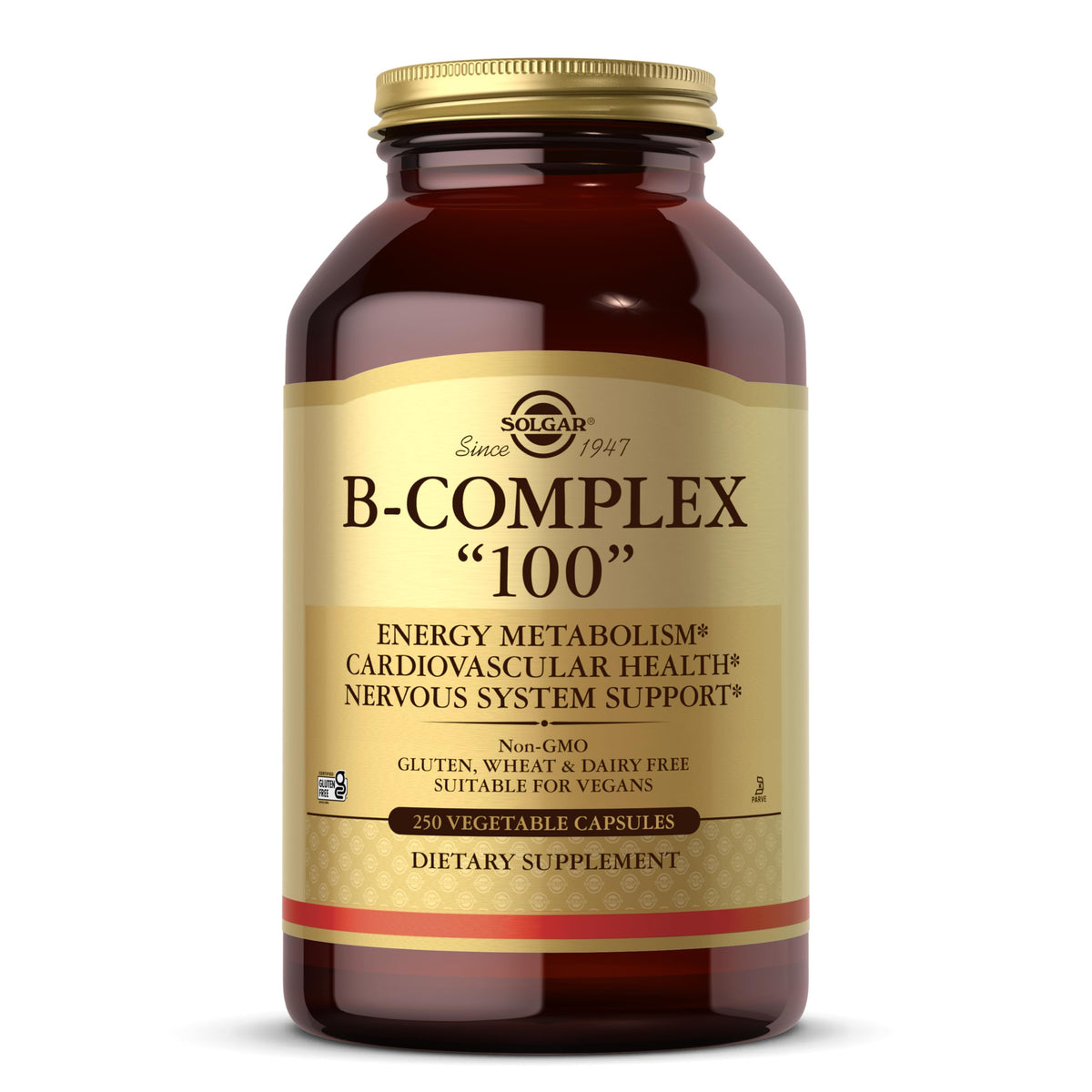 Solgar B-Complex 100, botella frontal: apoyo diario para energía sostenida.