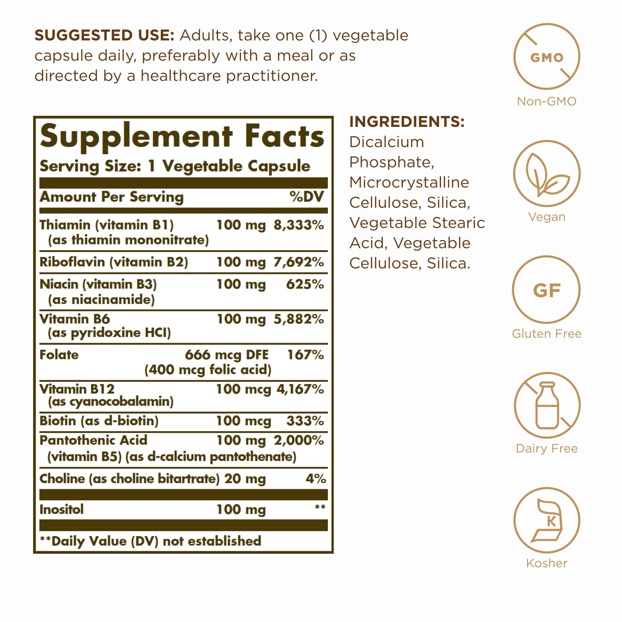 Solgar B-Complex 100 cápsulas vegetales enfocadas en metabolismo y energía sostenida.
